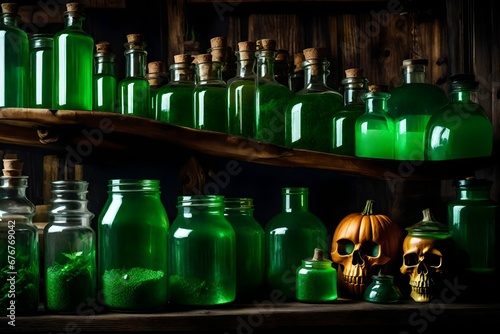 bottles of wine  Shelves of green Halloween potions  witch apothecary jars  glass  skulls  spooky
