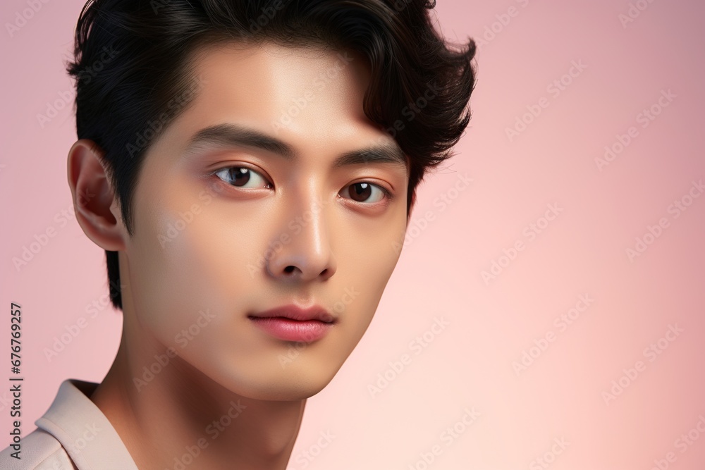Naklejka premium Portrait of a beautiful young asian man on pink background.asian beauty