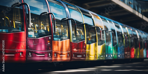 bus stop motion blur background, Arafed busses with different colors of paint on them generative ai
 photo