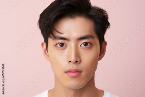 Portrait of a beautiful young asian man on pink background.asian beauty