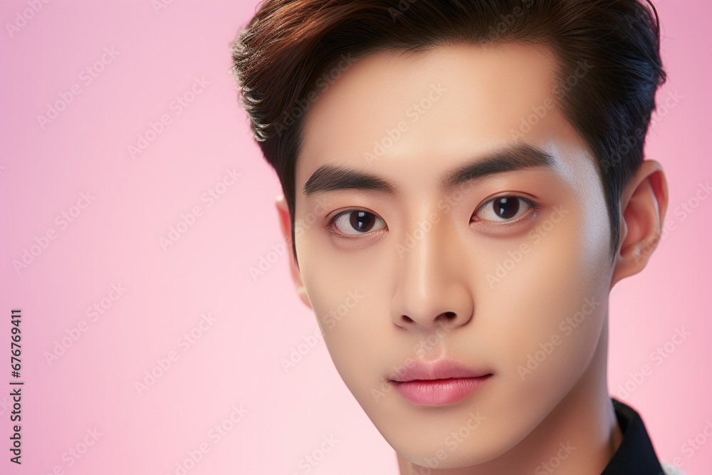Naklejka premium Portrait of a beautiful young asian man on pink background.asian beauty