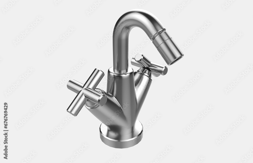 Faucet model isolated on light background, single faucet, stainless steel texture, home industry accessories, 3d rendering. Faucet model isolated on light background, single faucet, stainless steel texture, home industry accessories, 3d rendering.