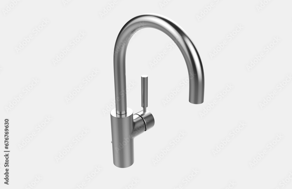Faucet model isolated on light background, single faucet, stainless steel texture, home industry accessories, 3d rendering. Faucet model isolated on light background, single faucet, stainless steel texture, home industry accessories, 3d rendering.