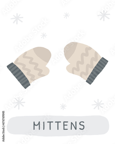 Winter flashcard. Learning English words for kids. Cute hand drawn doodle educational card with mittens. Preschool learning material
