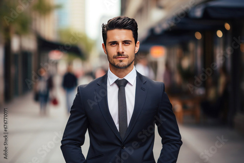 Young entrepreneur business man standing on the sidewalk, he is looking directly into the camera, conveying confidence