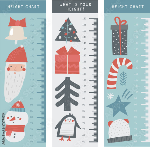 Christmas, New Year, winter season kid height measurement, centimeter, chart with Santa, snowman, present box, bell, Christmas tree, candy stick, penguin star fir tree