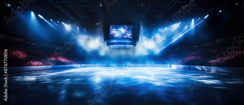 Sci-fi futuristic background with neon spotlights, smoke.Ice Rink.Professional Arena, Scene. Winter poster for hockey competitions. Ice skating. Stadium. Generative ai	