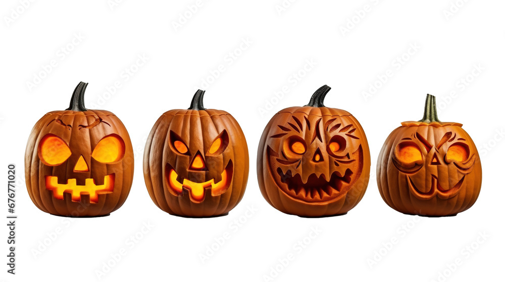 Set of scary Halloween pumpkins on transparent background, image with background removed, created with Generative Ai technology. Set of scary Halloween pumpkins on transparent background, image with background removed, created with Generative Ai technology.