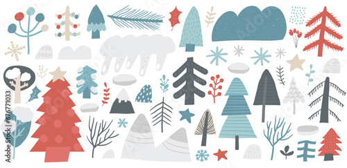 Winter nature cute doodle elements, trees, branches, mountain, snowdrifts, snowflakes, stars, pines, Christmas tree, fir tree, snow, snowy cloud plants ice icicles Cartoons style outdoor elements