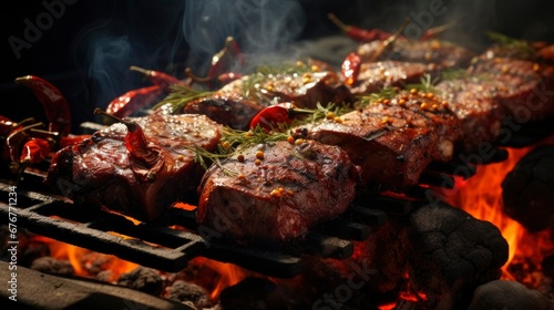 Meat on the grill. Meat cooked with herbs and spices on a barbecue grill