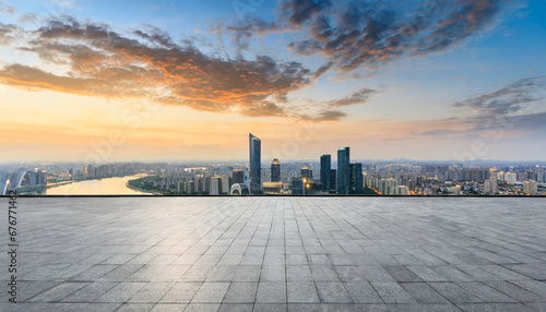 empty floor and modern city skyline with building at sunset in suzhou jiangsu province china high angle view photo