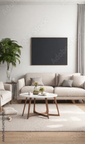 Interior design photo frame mock-up living room minimalist cozy Scandinavian style. sofa, tropical plant, pillows, blanket and lamp © DJSPIDA FOTO