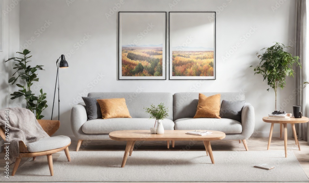 Interior design photo frame mock-up living room minimalist cozy Scandinavian style. sofa, tropical plant, pillows, blanket and lamp Interior design photo frame mock-up living room minimalist cozy Scandinavian style. sofa, tropical plant, pillows, blanket and lamp