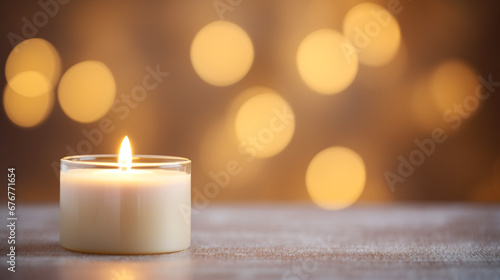 Close up of festive christmas candle with smooth bokeh background 