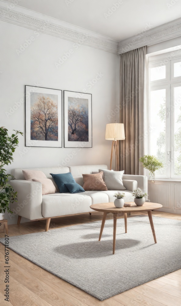 Interior design photo frame mock-up living room minimalist cozy Scandinavian style. sofa, tropical plant, pillows, blanket and lamp Interior design photo frame mock-up living room minimalist cozy Scandinavian style. sofa, tropical plant, pillows, blanket and lamp