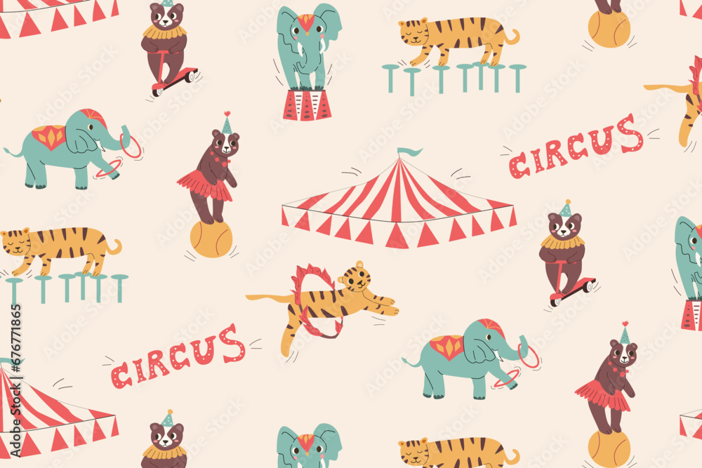 seamless pattern with circus animals and tent