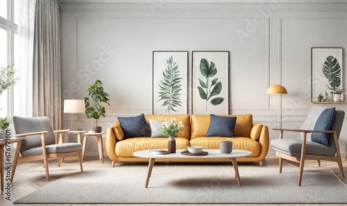 Interior design photo frame mock-up living room minimalist cozy Scandinavian style. sofa  tropical plant  pillows  blanket and lamp