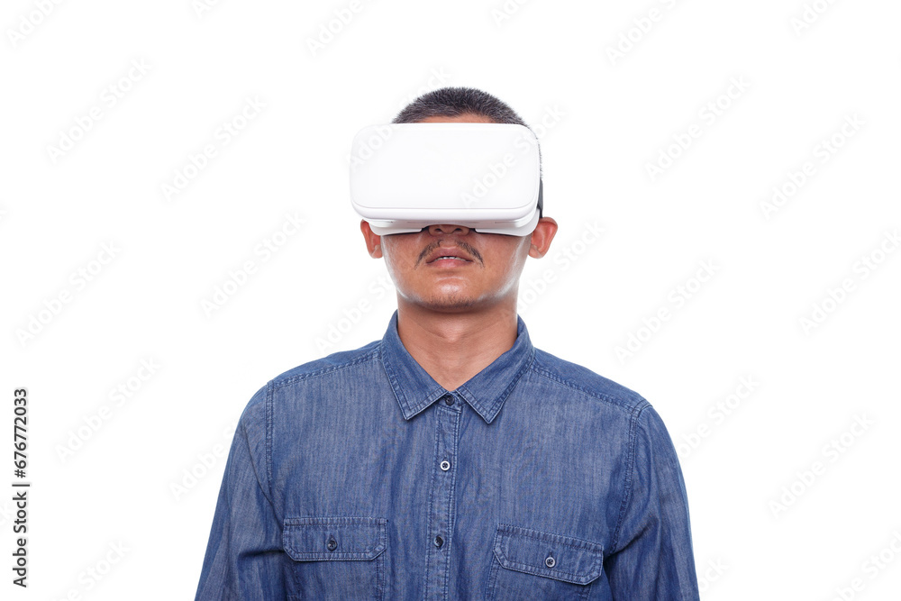 Man wearing virtual reality goggles isolated on white background Man wearing virtual reality goggles isolated on white background