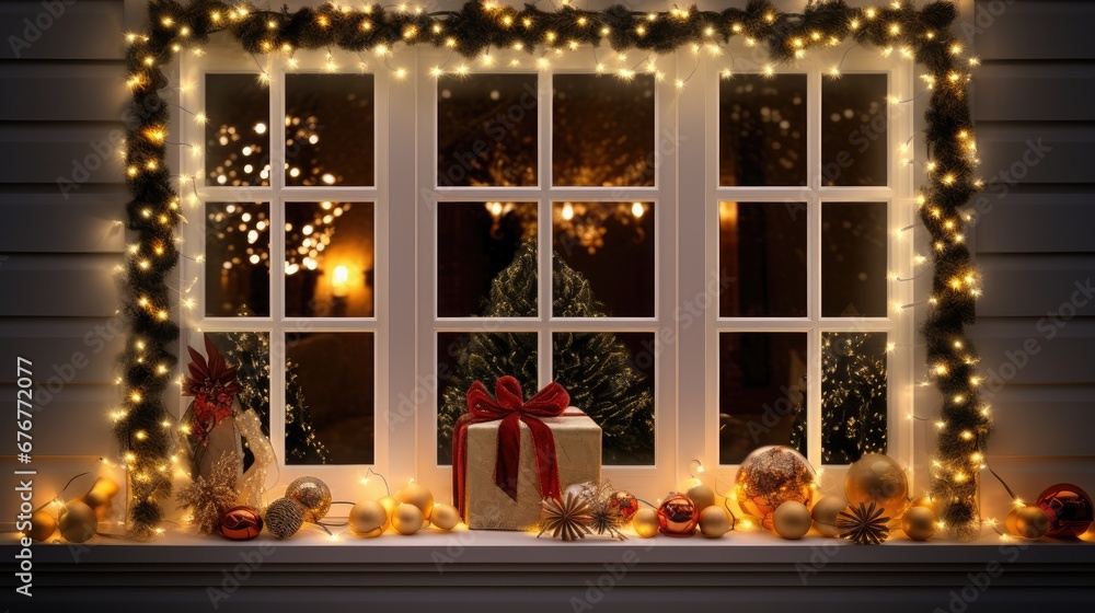 Festive glow! Decorated window. Christmas lights frame, a symbol of holiday cheer.