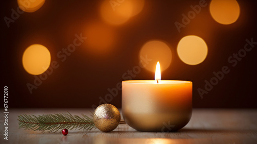 Close up of festive christmas candle with smooth bokeh background 