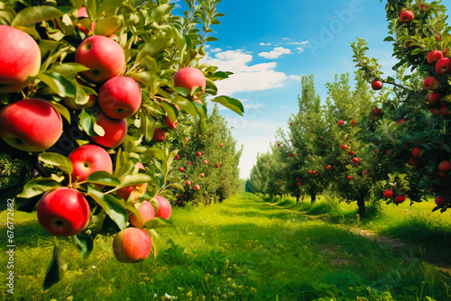 Apple trees in an orchard, with fruits ready for harvest.morning panorama shot photo