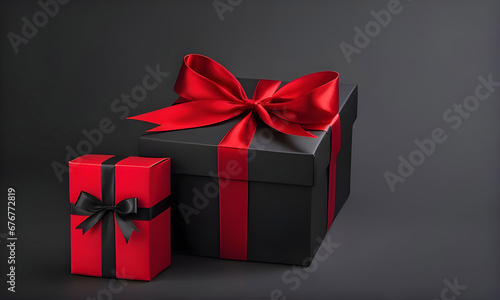 Black gift box with red ribbon on the black background. Background for Black Friday