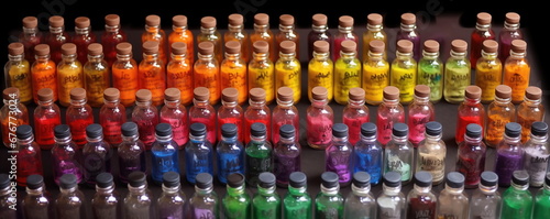 Colors in bottles assorted  paint material. 