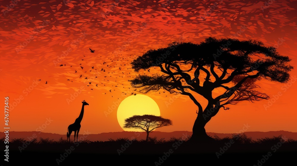 Illustration of a silhouette of a giraffe and an African tree at sunset