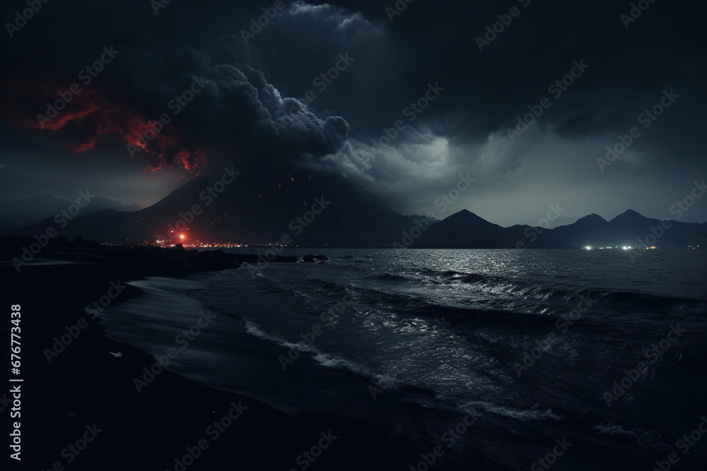 Picture over the sea at night, with a eerie cloudy menacing atmosphere partly cloudy with a volcano in eruption with lava visible flowing to the sea, cinematic AI Wallpaper.