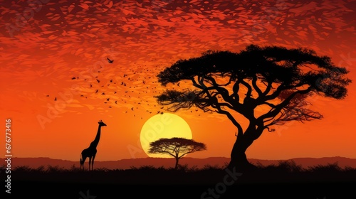 Illustration of a silhouette of a giraffe and an African tree at sunset