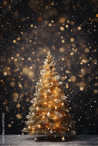 Magic golden Christmas tree with lights on a dark background.