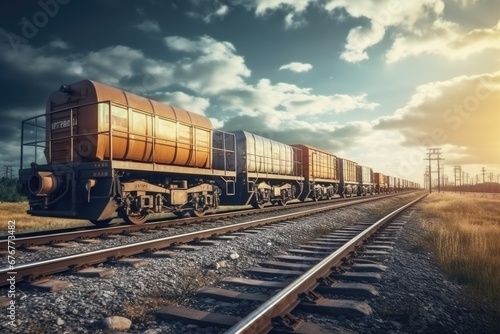 Cargo train at sunset. International train transport