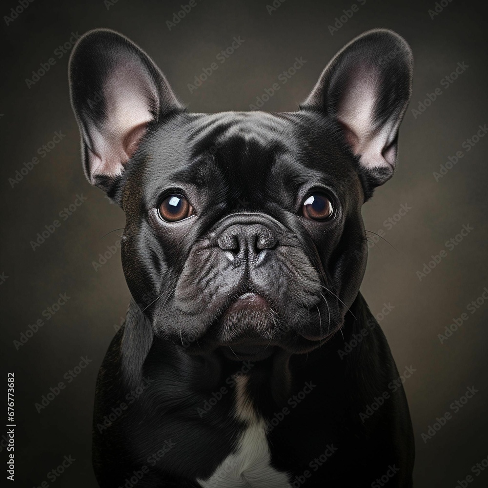 AI generated illustration of an adorable french bulldog posed on a dark background
