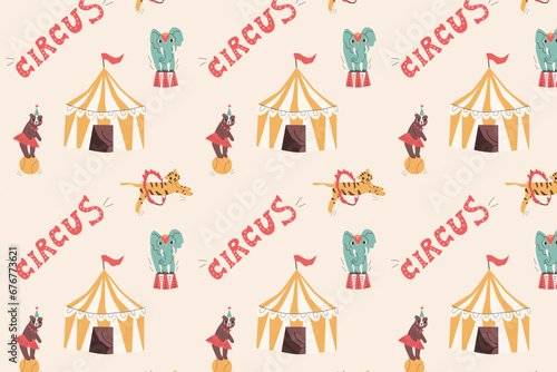cute seamless pattern with circus animals and tent