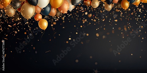 Elegant celebration background featuring a burst of joyous confetti and luxurious gold balloons photo