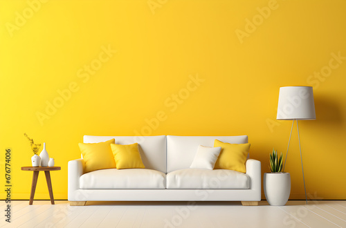 Empty living room interior with a white sofa in front of a yelllow wall, interior design of a minimalist living room in a yelllow room, blank living room mockup, modern living room, yellow pillow photo