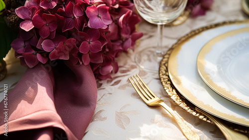 Wedding or formal dinner holiday celebration tablescape with hydrangea flowers in the English countryside garden  table setting with hydrangeas and wine  floral table decor for family dinner party