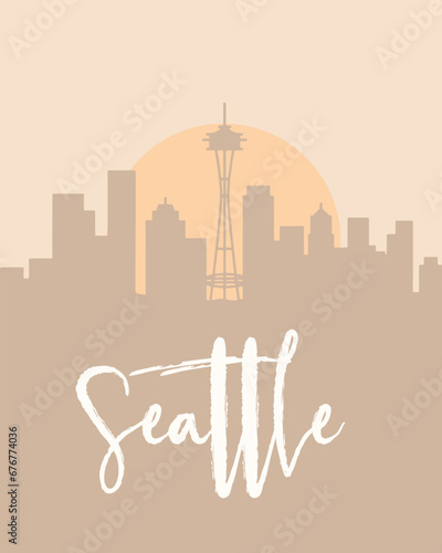 City poster of Seattle with building silhouettes at sunset