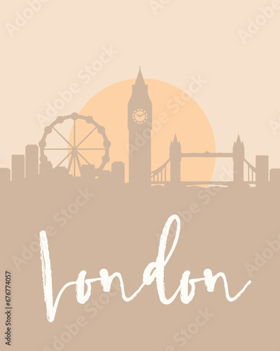 City poster of London with building silhouettes at sunset