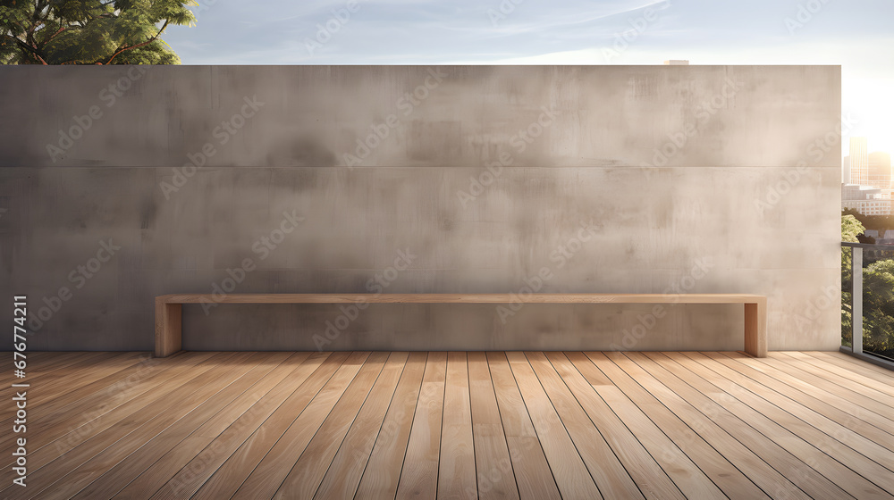 exterior wooden balcony  with large empty concrete wall - obrazy, fototapety, plakaty 