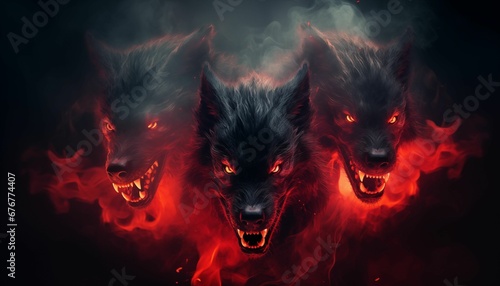 AI generated illustration of Three red fire wolf heads with bared fangs against a black background