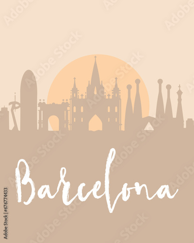 City poster of Barcelona with building silhouettes at sunset