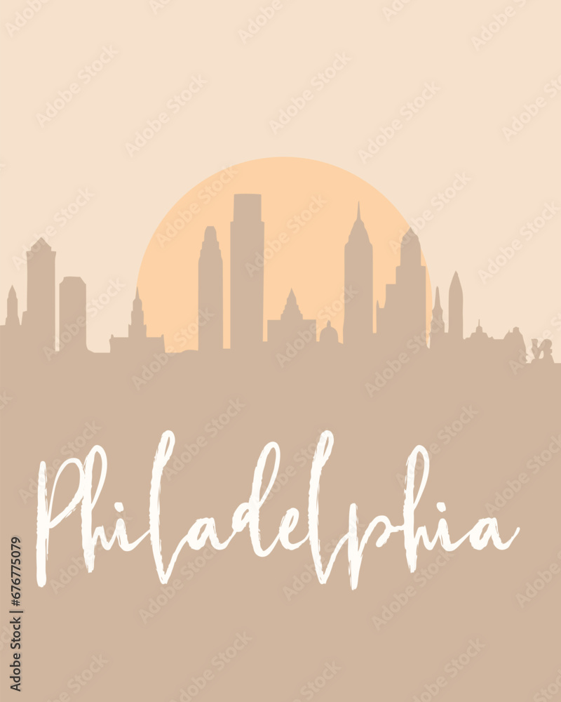 City poster of Philadelphia with building silhouettes at sunset