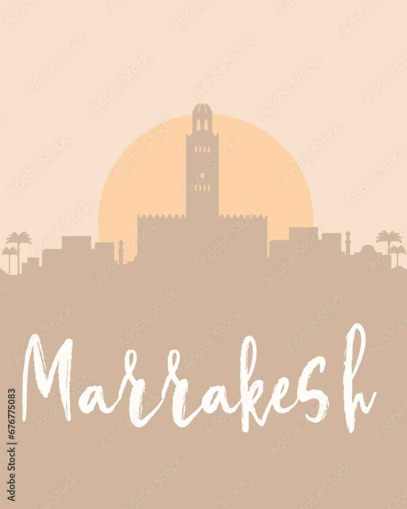 City poster of Marrakesh with building silhouettes at sunset