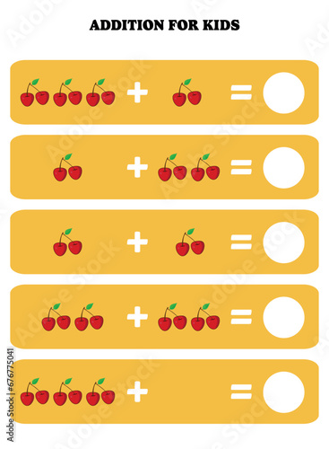 Addition page for kids. Educational math game for children with cherry. Printable worksheet design. Learning mathematic.