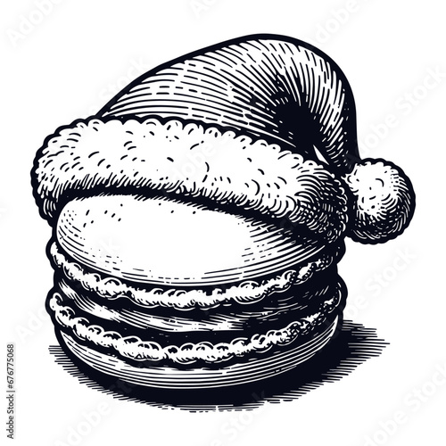 macaron cookie wearing a Christmas hat sketch