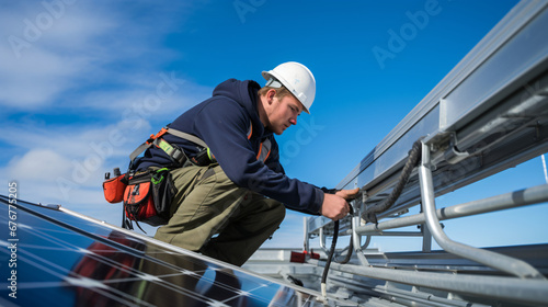 A detailed close-up of a technician securing solar panels onto a mounting structure, highlighting the precision and attention to detail involved in the installation process. 