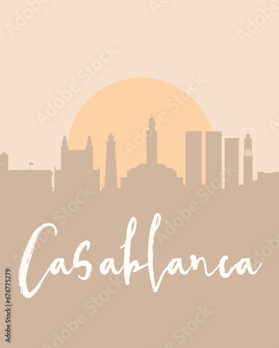 City poster of Casablanca with building silhouettes at sunset