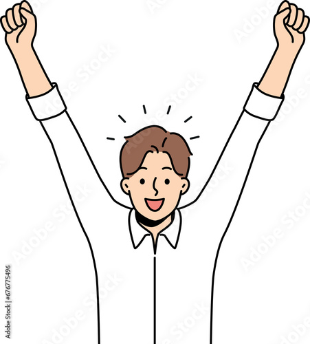 Billede på lærred Delighted man celebrates victory by raising hands up and rejoicing in career ach