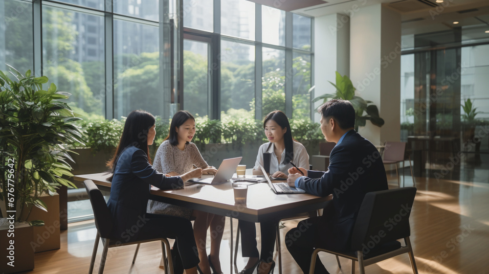 オフィスでミーティングをするアジア人会社員 オフィスでミーティングをするアジア人会社員